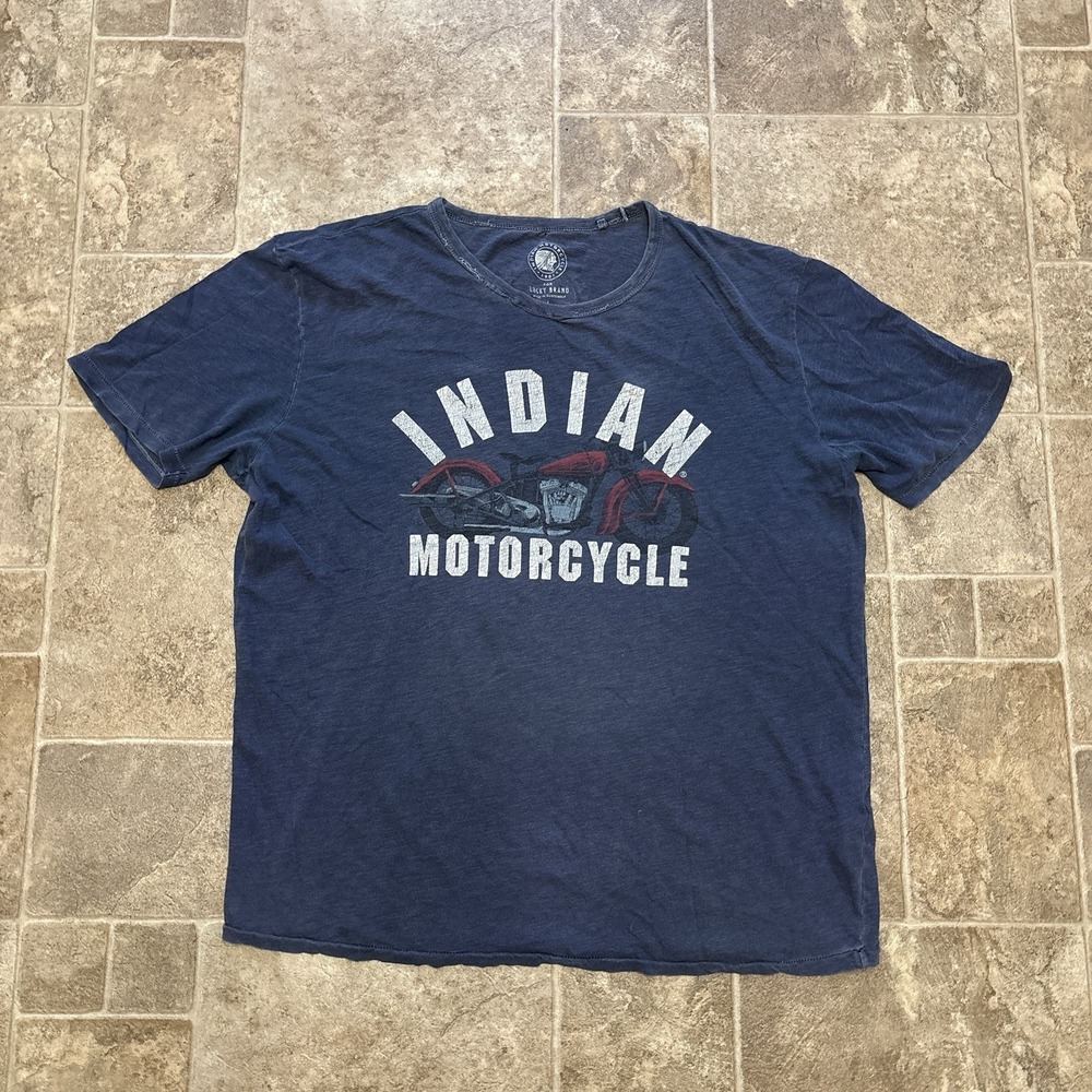 Indian Motorcycle Lucky Brand Mens L Navy Graphic T-Shirt Biker Retro Tee
